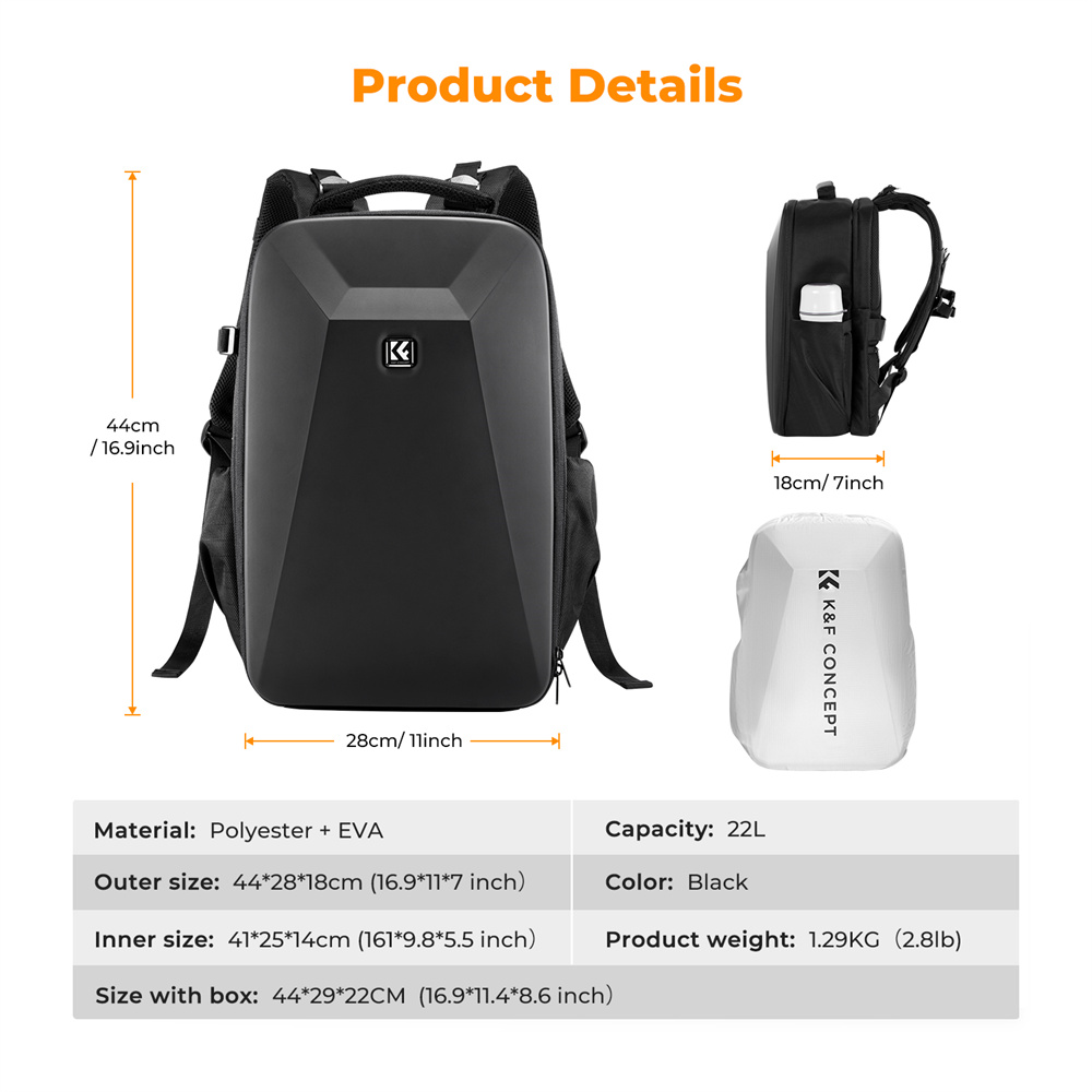 K&F CONCEPT 大容量カメラバッグ ハードシェル 旅 - Rain Cover Backpack のレビューと価格